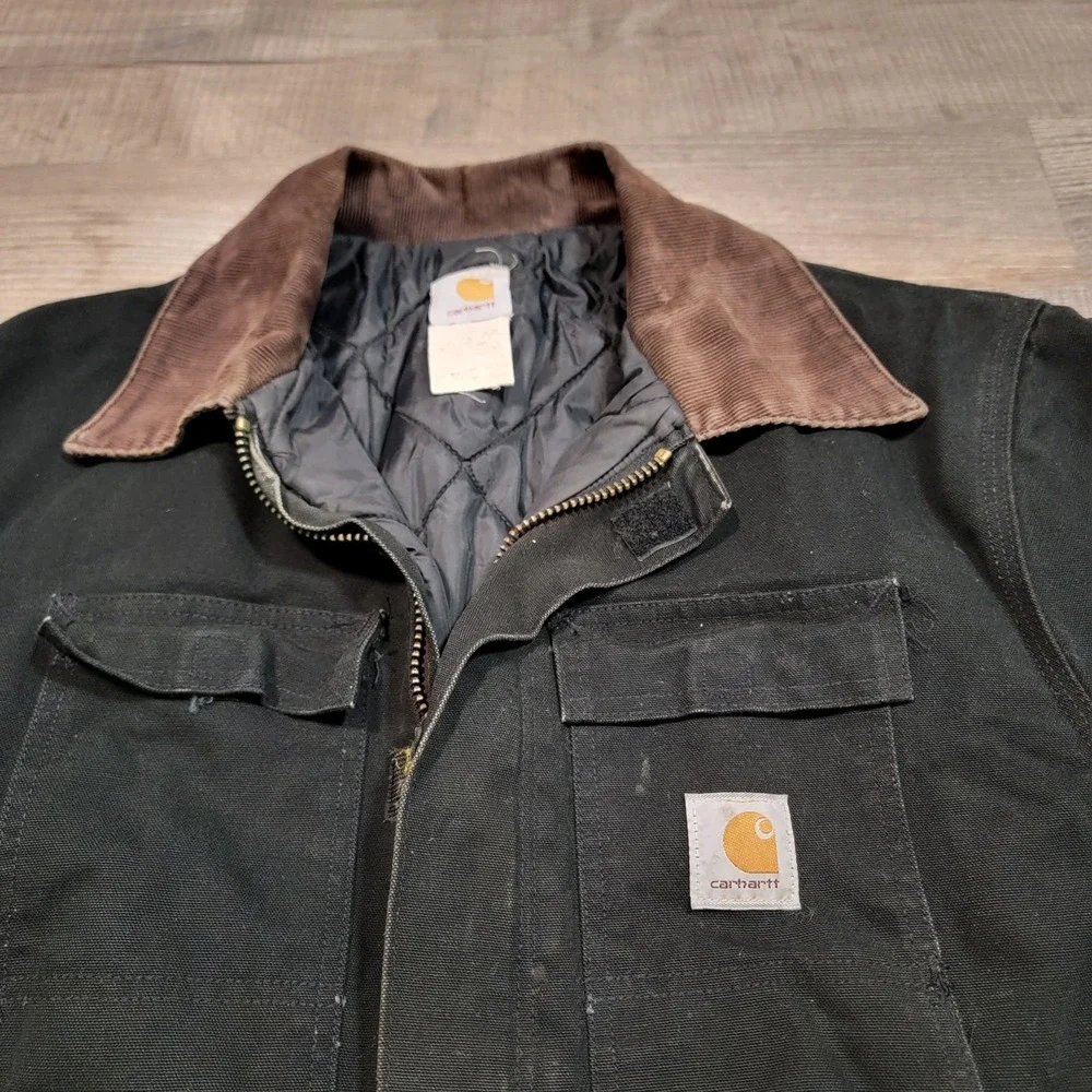 Carhartt Arctic Jacket Quilted Sz 48 Black Corduroy Collar Canvas Distressed Y2K